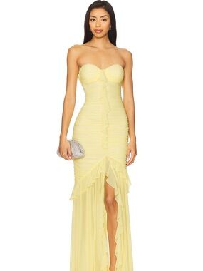 Strapless Ruffled Yellow Evening Gown